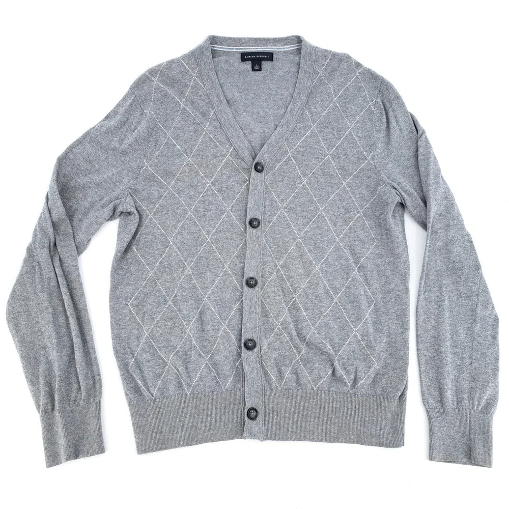 Banana Republic Mens large Gray Argyle Silk Blend V-Neck Cardigan Sweater